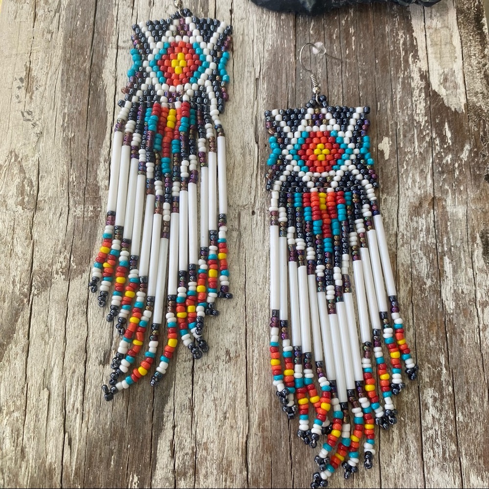 White Free People Beaded Southwestern Earrings - Picture 1 of 5